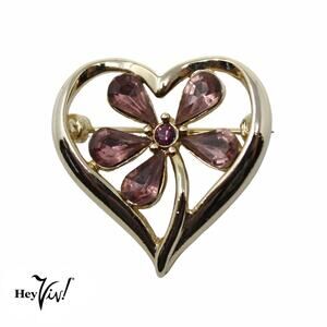 Vintage Monet Open Heart Pin Brooch Purple Rhinestone Flower Valentine - Hey Viv